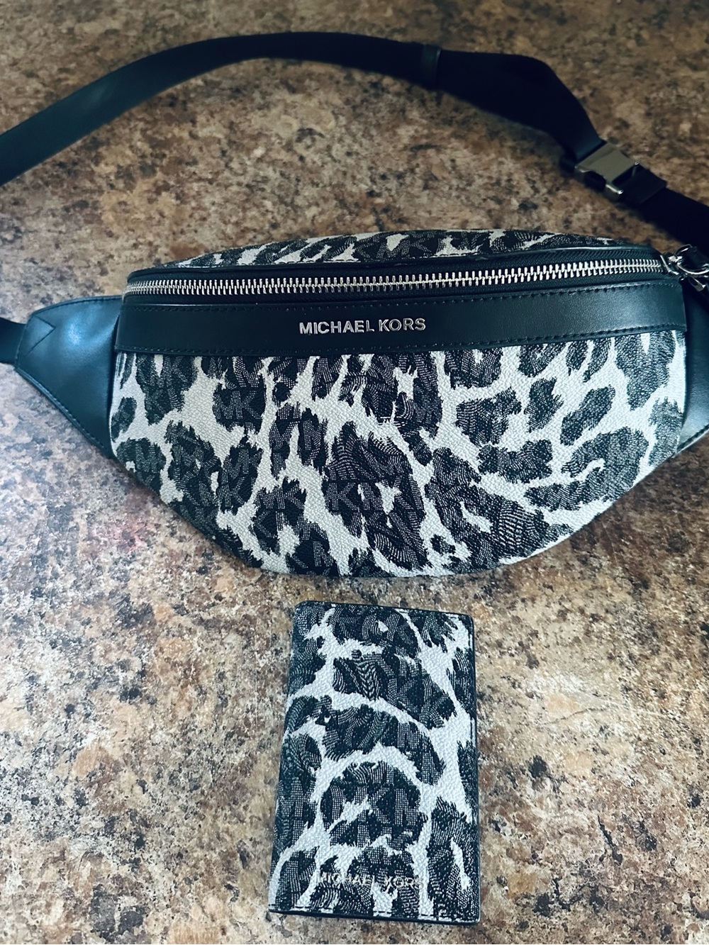 Michael Kors Black & White Leopard Print Belt Bag with Card Holder
